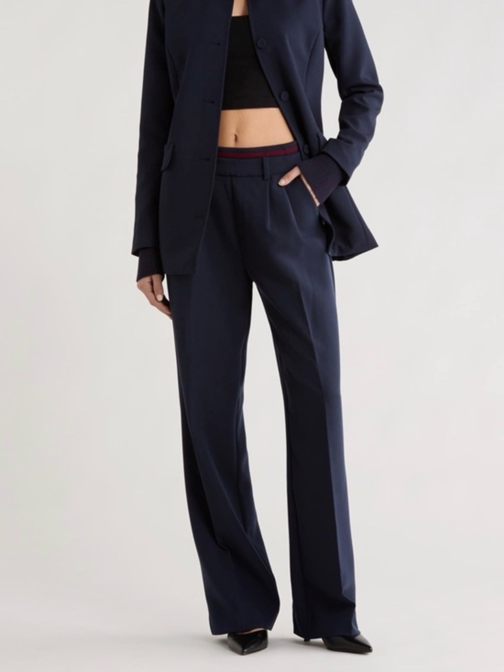 Favorite Daughter Navy Straight-Leg Trousers with Contrast Waistband